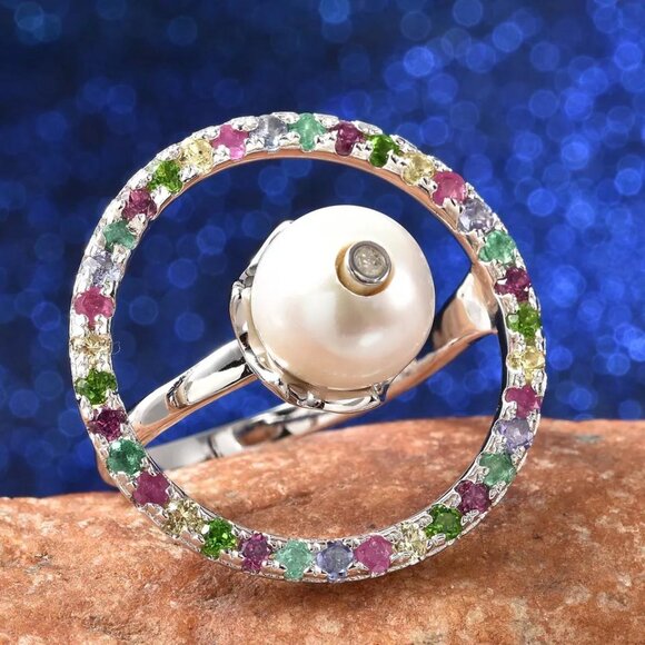 D'JOY "GALAXY" COLORFUL GEMSTONES CIRCLE W/ 9.5 MM NATURAL PEARL SZ. 11 RING 72 - Picture 1 of 6